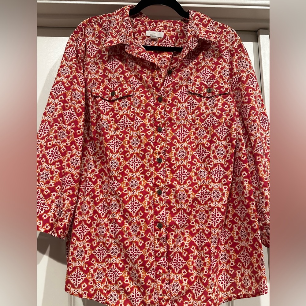 Charter Club Red and White Patterned Button-Up Shirt